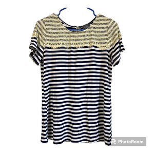 Market & Spruce navy blue and white striped short sleeve top with yellow lace